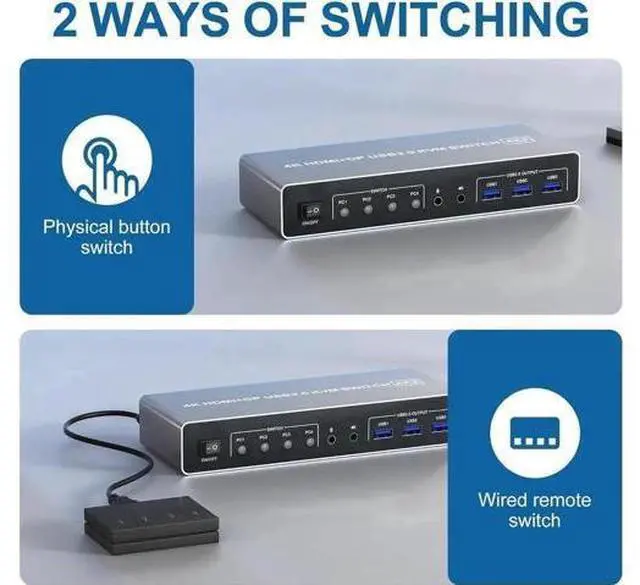 Alt view image 6 of 7 - 4 Port Hybrid HDMI+DP Dual Monitor KVM Switch 4 In 2 Out, 4K@60Hz USB3.0 KVM Switcher with Audio & Mic, 3 USB 3.0 Ports for 4 PCs Share 2 Displays Keyboard Mouse