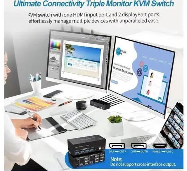 Alt view image 2 of 7 - 2 Port Triple Monitor 1HDMI+2DP KVM Switch, 8K@60Hz 4K@120Hz USB3.0 KVM Switcher for 2 PCs Share 3 Displays & 4 USB Devices, Support Extend & Mirror Mode