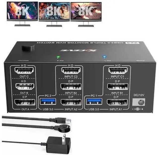 Main image of 2 Port Triple Monitor HDMI+DP KVM Switch, 8K@60Hz 4K@144Hz USB3.0 KVM Switcher with 4 USB 3.0 Ports, Wired Remote & 12V Power Adapter for 2 PCs Share 3 Displays