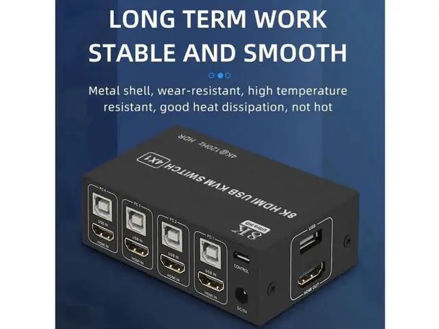 Alt view image 7 of 7 - 4X1 4 Port HDMI KVM Switch 8K@60Hz 4K@120Hz, 4 In 1 Out USB KVM Switcher for 4 PCs Share Single Monitor, Come with 4 USB Cables & Power Cable