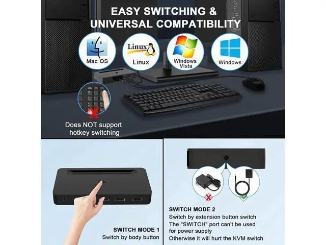 Alt view image 3 of 7 - 4 In 1 Out HDMI KVM Switch 4K@60Hz, 4 Port KVM Switcher with Audio Mic & 3 USB Ports, Wired Remote, 4 Combo Cables & USB Power Cable Included