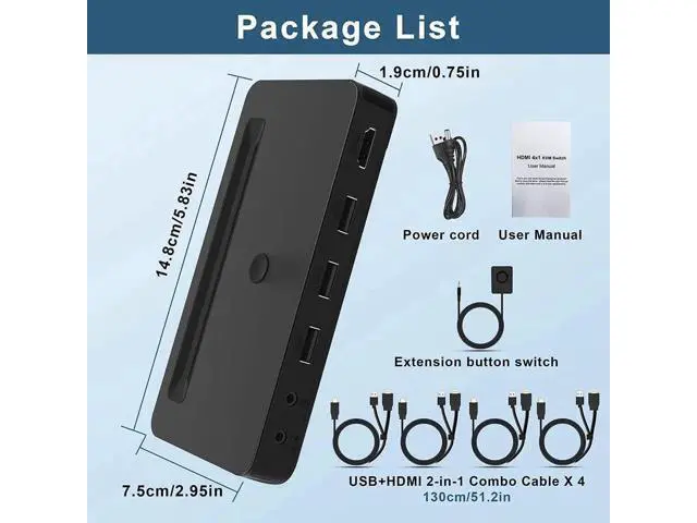 Alt view image 6 of 7 - 4 In 1 Out HDMI KVM Switch 4K@60Hz, 4 Port KVM Switcher with Audio Mic & 3 USB Ports, Wired Remote, 4 Combo Cables & USB Power Cable Included