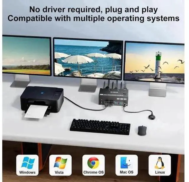 Alt view image 4 of 7 - 2 Port Triple Monitor HDMI+DP KVM Switch, 8K@60Hz 4K@144Hz USB3.0 KVM Switcher with 4 USB 3.0 Ports, Wired Remote & 12V Power Adapter for 2 PCs Share 3 Displays