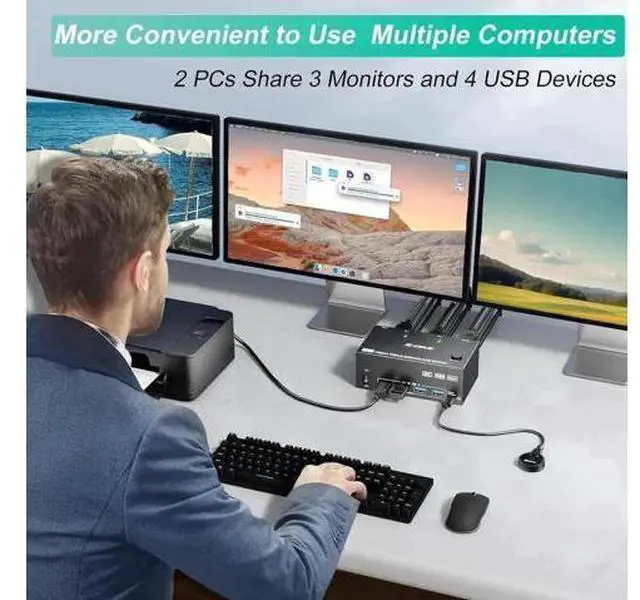 Alt view image 7 of 7 - 2 Port Triple Monitor HDMI+DP KVM Switch, 8K@60Hz 4K@144Hz USB3.0 KVM Switcher with 4 USB 3.0 Ports, Wired Remote & 12V Power Adapter for 2 PCs Share 3 Displays