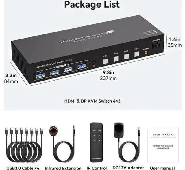 Alt view image 4 of 7 - 4 Port Dual Monitor HDMI+DP KVM Switch, 4K@60Hz 2K@120Hz USB3.0 KVM Switcher with Remote, USB3.0 Cables & Power Adapter for 4 PCs Share 2 Displays & 4 USB Devices