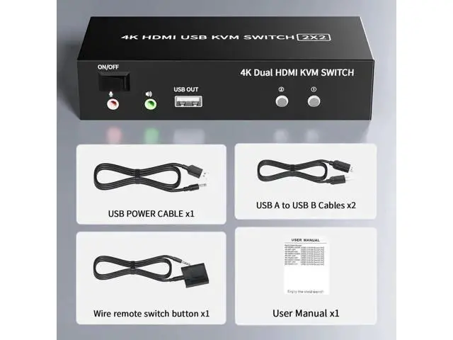 Alt view image 2 of 7 - 2x2 Dual Monitor HDMI KVM Switch 4K@60Hz, 2 Port KVM Switcher with 5 USB 2.0 Ports, Wired Remote & USB Power Cable for 2 PCs to Share Two Displays