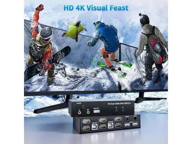 Alt view image 6 of 7 - 2x2 Dual Monitor HDMI KVM Switch 4K@60Hz, 2 Port KVM Switcher with 5 USB 2.0 Ports, Wired Remote & USB Power Cable for 2 PCs to Share Two Displays