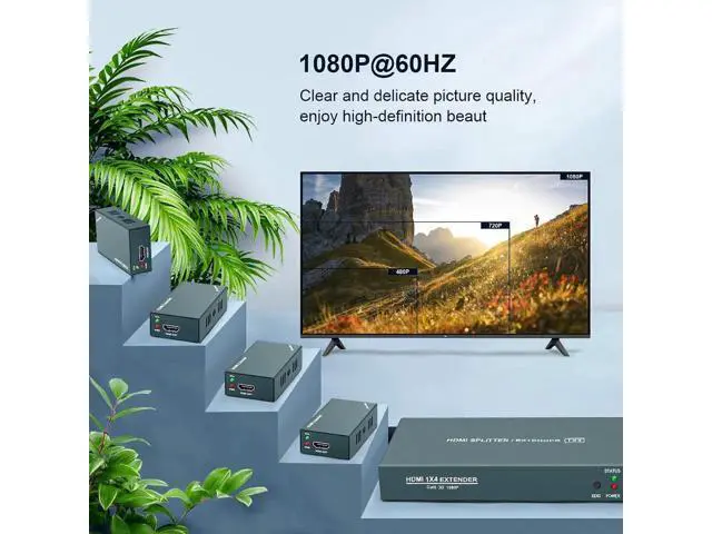 Alt view image 3 of 7 - 1x4 HDMI Extender Splitter Over Cat5e/Cat6/Cat7 Cable, 1080P@60Hz, Max 165FT/50M, 4 Remote Outputs, Single Power Supply