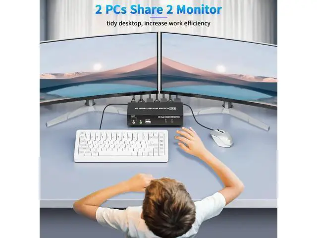 Alt view image 6 of 7 - 2x2 Dual Monitor HDMI KVM Switch 4K@60Hz, 2 Port KVM Switcher with 5 USB 2.0 Ports, Wired Remote & USB Power Cable for 2 PCs Share Two Displays
