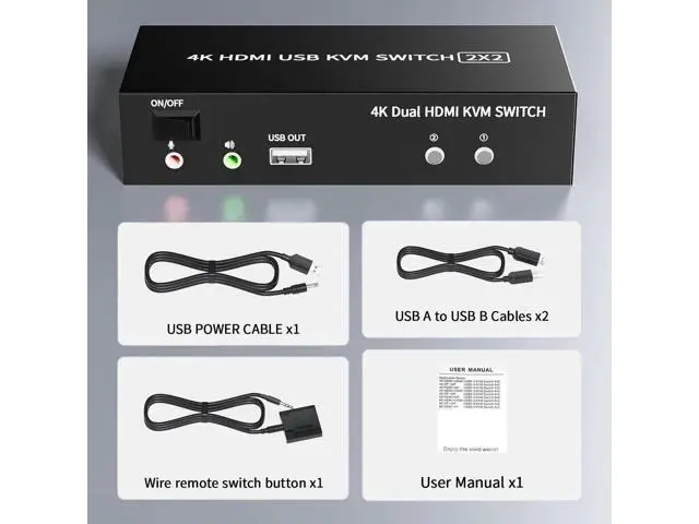 Alt view image 5 of 7 - 2x2 Dual Monitor HDMI KVM Switch 4K@60Hz, 2 Port KVM Switcher with 5 USB 2.0 Ports, Wired Remote & USB Power Cable for 2 PCs Share Two Displays