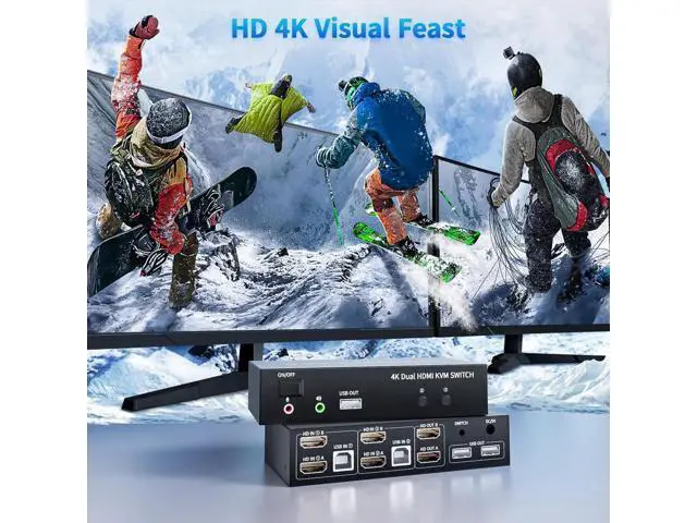 Alt view image 3 of 7 - 2x2 Dual Monitor HDMI KVM Switch 4K@60Hz, 2 Port KVM Switcher with 5 USB 2.0 Ports, Wired Remote & USB Power Cable for 2 PCs Share Two Displays