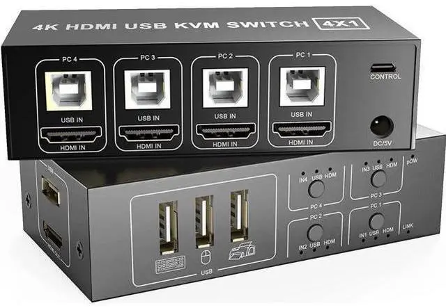 Main image of 4-Port HDMI KVM Switch 4 In 1 Out, Support 4K@60Hz, 4 PCs Share One Monitor, Keyboard & Mouse, Comes with 4 USB Cables, 1 Switch Cable & 1 Power Cable
