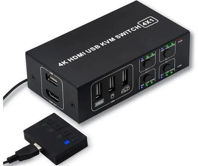 Main image of 4x1 HDMI KVM Switch 4 Ports, 4 PCs Share One 4K@60Hz Monitor, One-Button Control, Comes with 4 USB Cables & 1 Power Cable