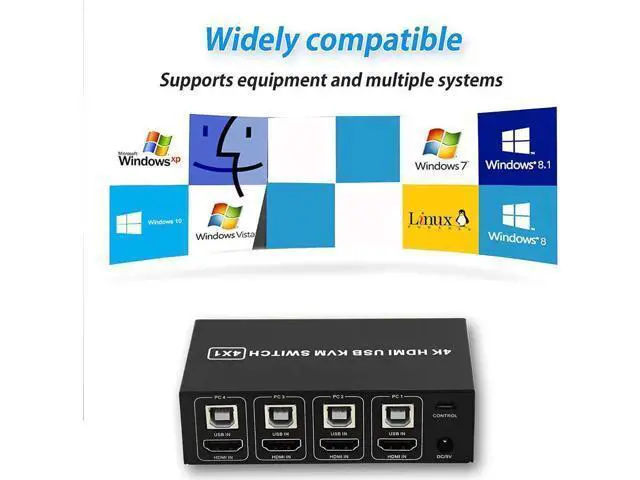 Alt view image 3 of 7 - 4x1 HDMI KVM Switch 4 Ports, 4 PCs Share One 4K@60Hz Monitor, One-Button Control, Comes with 4 USB Cables & 1 Power Cable