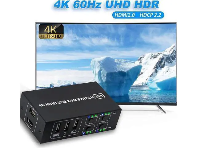 Alt view image 7 of 7 - 4x1 HDMI KVM Switch 4 Ports, 4 PCs Share One 4K@60Hz Monitor, One-Button Control, Comes with 4 USB Cables & 1 Power Cable