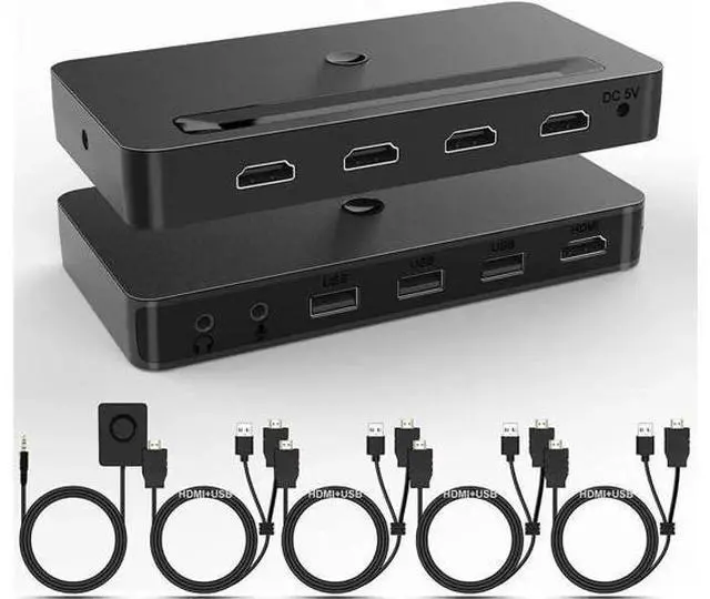 Main image of 4-Port 4x1 HDMI KVM Switch 4K@60Hz, Built-in Audio Mic & 3 USB Hub, Wired Remote, 4 Combo Cables + USB Power Cable Included