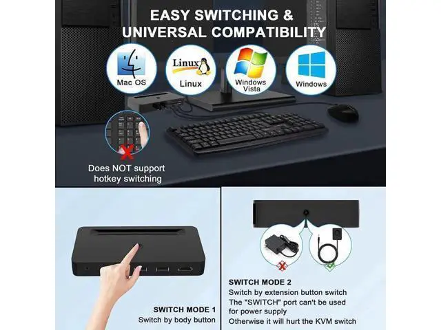 Alt view image 3 of 7 - 4-Port 4x1 HDMI KVM Switch 4K@60Hz, Built-in Audio Mic & 3 USB Hub, Wired Remote, 4 Combo Cables + USB Power Cable Included
