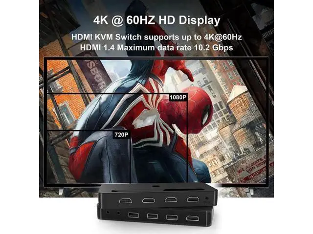 Alt view image 7 of 7 - 4-Port 4x1 HDMI KVM Switch 4K@60Hz, Built-in Audio Mic & 3 USB Hub, Wired Remote, 4 Combo Cables + USB Power Cable Included
