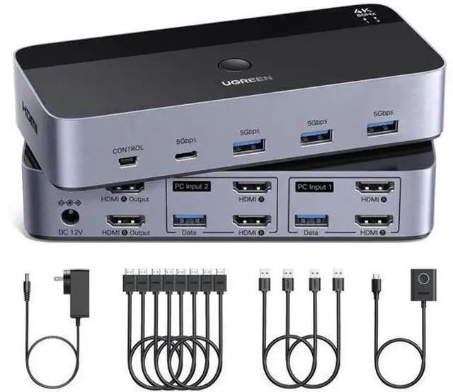Main image of UGREEN 2x2 Dual Monitor HDMI KVM Switch 4K@60Hz, 4 USB 3.0 Ports for 2 PCs Share 2 Displays Keyboard Mouse Printer, Full Accessories with 4 HDMI Cables, 2 USB Cables, Power Adapter & Switch Controller