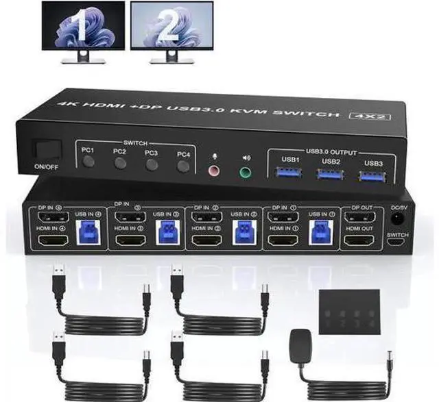 Main image of 4-Port HDMI+DP Dual Monitor USB3.0 KVM Switch, 4K@60Hz, Independent Audio & Mic, 3 USB3.0 Ports