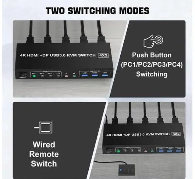 Alt view image 2 of 7 - 4-Port HDMI+DP Dual Monitor USB3.0 KVM Switch, 4K@60Hz, Independent Audio & Mic, 3 USB3.0 Ports