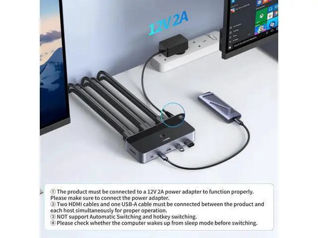 Alt view image 3 of 7 - UGREEN 2x2 Dual Monitor HDMI KVM Switch 4K@60Hz, 4 USB 3.0 Ports for 2 PCs Share 2 Displays Keyboard Mouse Printer, Full Accessories with 4 HDMI Cables, 2 USB Cables, Power Adapter & Switch Controller