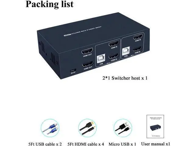 Alt view image 3 of 5 - 2 Port Dual Monitor HDMI KVM Switch 4K@30Hz, 2 USB2.0 Hub, Hotkey Switch, No Power Adapter, 4 HDMI Cables Included