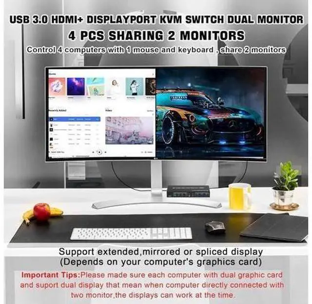 Alt view image 4 of 7 - 4-Port HDMI+DP Dual Monitor USB3.0 KVM Switch, 4K@60Hz, Independent Audio & Mic, 3 USB3.0 Ports