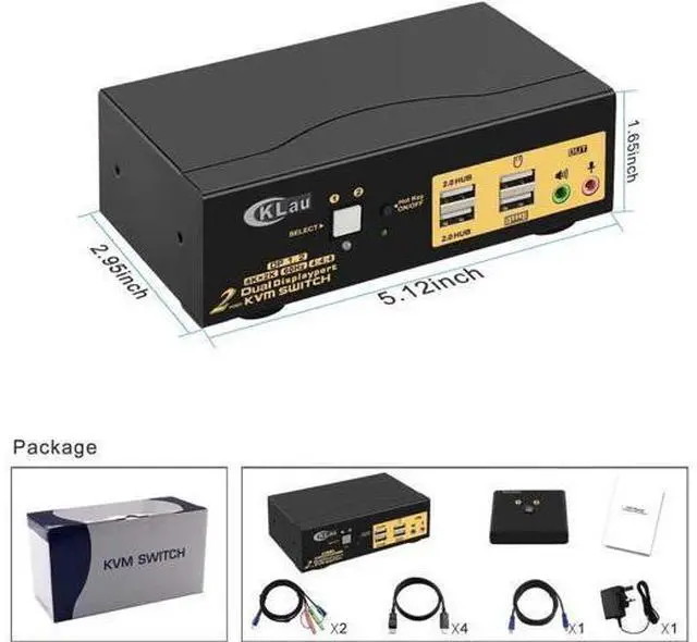 Alt view image 3 of 7 - 4K@60Hz DP 1.2 Dual Monitor KVM Switch 2 Port with Audio USB2.0 Hub & Cables, 2 Computers 2 DisplayPort Monitors KVM Switcher Support Hotkey Switch