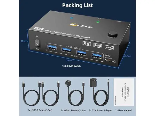 Alt view image 4 of 7 - 2PC Hybrid DP+HDMI Dual Monitor USB3.0 KVM Switch, 8K@60Hz / 4K@144Hz, 4 USB3.0 Ports, With USB Cables, Power Adapter & Desktop Controller
