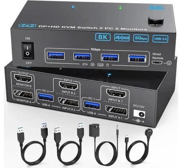 Main image of 2PC Hybrid DP+HDMI Dual Monitor USB3.0 KVM Switch, 8K@60Hz / 4K@144Hz, 4 USB3.0 Ports, With USB Cables, Power Adapter & Desktop Controller