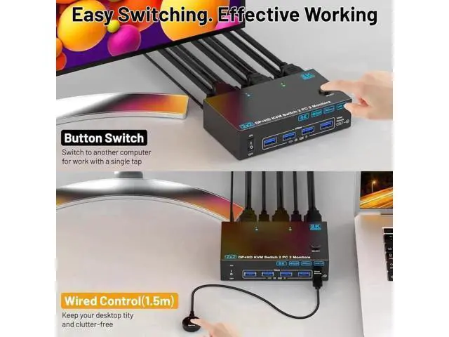 Alt view image 3 of 7 - 2PC Hybrid DP+HDMI Dual Monitor USB3.0 KVM Switch, 8K@60Hz / 4K@144Hz, 4 USB3.0 Ports, With USB Cables, Power Adapter & Desktop Controller