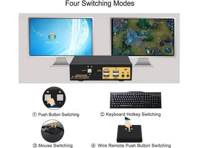 Alt view image 4 of 7 - 2 Port HDMI + DP Dual Monitor KVM Switch 4K@60Hz with Audio USB2.0 Hub & Cables, HDMI2.0 HDCP2.2 HDR10 KVM Switcher for 2 PCs