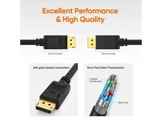 Alt view image 7 of 7 - 2 Pack Black 10FT/3M DP 1.2 Male to Male DisplayPort Cable, 4K@60Hz 2K@144Hz High Speed DP Video Cord for PC, Laptop, Monitor and Projector