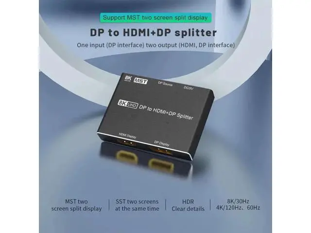 Alt view image 6 of 7 - DP 1.4 1 In 2 Out Splitter Hub DP to DP+HDMI Mixed Output 8K@30Hz 4K@120Hz MST SST HDR RGB4:4:4 Ultra HD Video Splitter Adapter