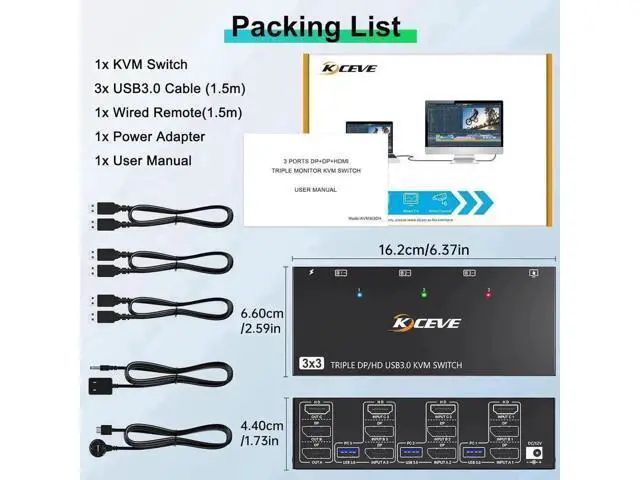 Alt view image 5 of 7 - 3-Port Triple Monitor KVM Switch (1HDMI+2DP), 8K@60Hz 4K@144Hz, 4 USB3.0 Ports, Wired Remote & Power Adapter Included