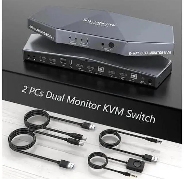 Main image of 2 Port Dual Monitor HDMI KVM Switch 4K, USB-Powered, Hotkey Control, Built-in Audio, Full Cables Included for 2 PCs & 2 Monitors