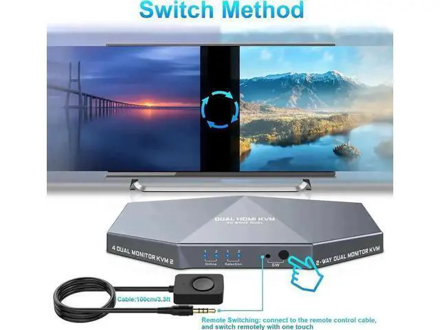 Alt view image 2 of 7 - 2 Port Dual Monitor HDMI KVM Switch 4K, USB-Powered, Hotkey Control, Built-in Audio, Full Cables Included for 2 PCs & 2 Monitors