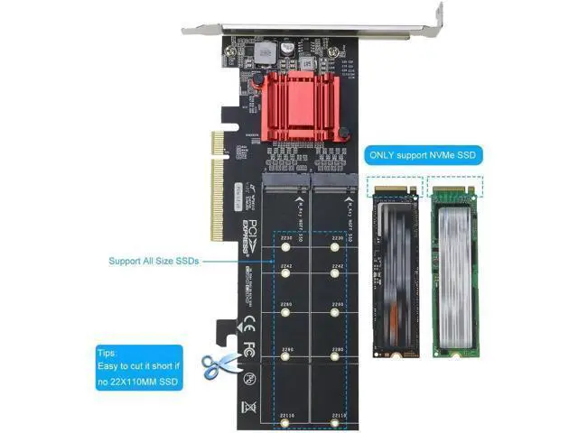 Alt view image 5 of 5 - Dual M.2 NVMe PCIe 3.1 x8/x16 Expansion Adapter Card, M-Key NGFF NVMe SSD Converter Supports 22110/2280/2260/2242/2230 Size M.2 Drives