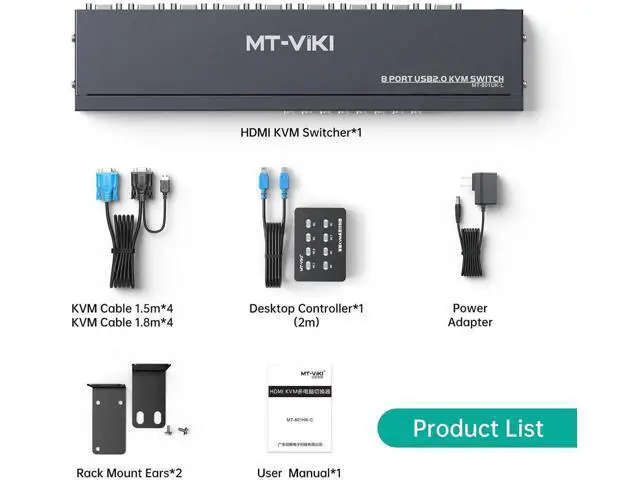 Alt view image 3 of 7 - MT-VIKI 8-Port 1U Rackmount VGA KVM Switch, 8X1, with 8pcs 2-in-1 Cables, Wired Selector & Power Adapter
