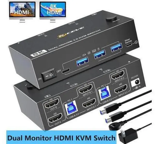 Main image of 2 Port Dual Monitor HDMI KVM Switch, 8K@60Hz 4K@120Hz USB3.0 KVM Switcher with Wired Remote & Power Adapter for 2 PCs Share 2 Displays & 4 USB 3.0 Devices, Support Extend & Mirror Mode