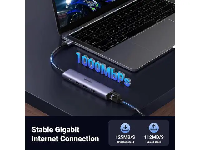 Alt view image 2 of 7 - UGREEN 5-in-1 USB Hub with Gigabit Ethernet Adapter, Multiport Dock Featuring 3×USB3.0, RJ45 Gigabit LAN & USB-C PD Charging Port, Plug and Play for MacBook, XPS, Windows 11 Laptops
