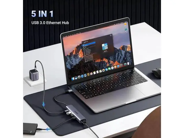 Alt view image 4 of 7 - UGREEN 5-in-1 USB Hub with Gigabit Ethernet Adapter, Multiport Dock Featuring 3×USB3.0, RJ45 Gigabit LAN & USB-C PD Charging Port, Plug and Play for MacBook, XPS, Windows 11 Laptops