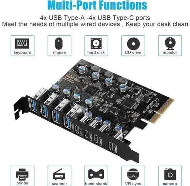 Alt view image 3 of 7 - 8-Port PCIe USB 3.2 Gen2 Expansion Card, PCI-E to 4 USB-A + 4 USB-C Hub Adapter, 10Gbps SuperSpeed, Compatible with PCIe x4/x8/x16 Slots for Desktop PC