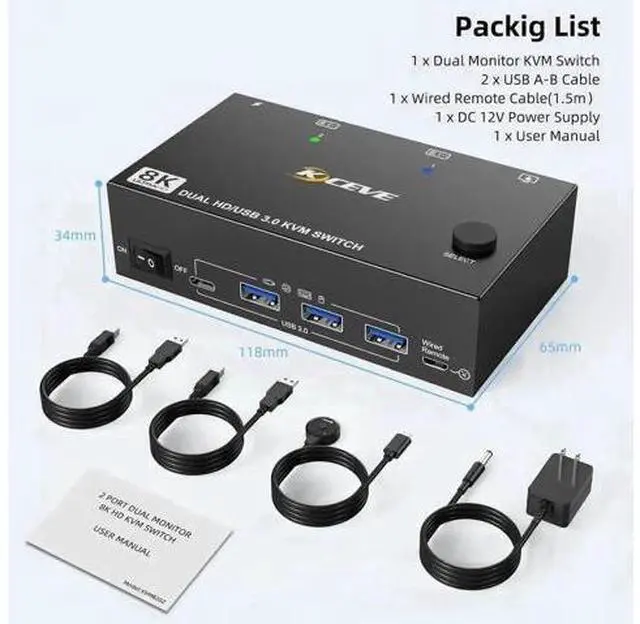 Alt view image 6 of 7 - 2 Port Dual Monitor HDMI KVM Switch, 8K@60Hz 4K@120Hz USB3.0 KVM Switcher with Wired Remote & Power Adapter for 2 PCs Share 2 Displays & 4 USB 3.0 Devices, Support Extend & Mirror Mode