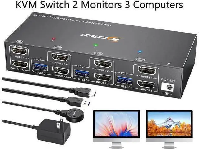 Main image of 3 Port Dual HDMI USB 3.0 KVM Switch 4K@60Hz, Dual Monitor KVM Switcher with 4 USB Ports, Wired Remote, Power Adapter & USB3.0 Cables for 3 PCs Share 2 Displays