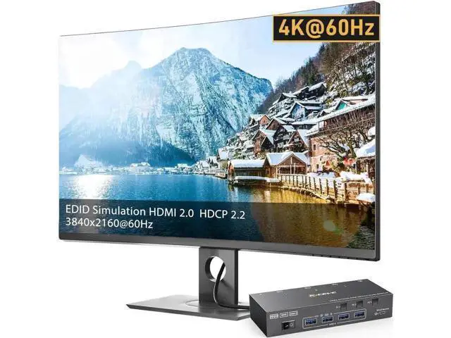 Alt view image 7 of 7 - 3 Port Dual HDMI USB 3.0 KVM Switch 4K@60Hz, Dual Monitor KVM Switcher with 4 USB Ports, Wired Remote, Power Adapter & USB3.0 Cables for 3 PCs Share 2 Displays