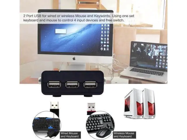 Alt view image 2 of 6 - 4-Port VGA KVM Switch with USB Hub & Audio, Supports Wireless Keyboard & Mouse, Push Button Switch Control