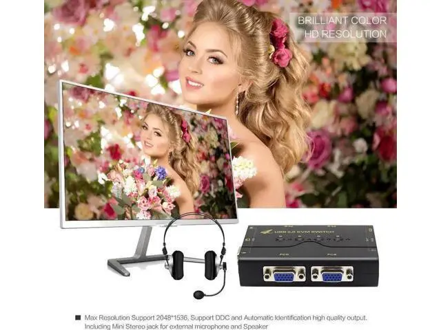 Alt view image 5 of 6 - 4-Port VGA KVM Switch with USB Hub & Audio, Supports Wireless Keyboard & Mouse, Push Button Switch Control