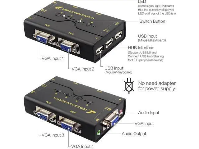 Alt view image 3 of 6 - 4-Port VGA KVM Switch with USB Hub & Audio, Supports Wireless Keyboard & Mouse, Push Button Switching